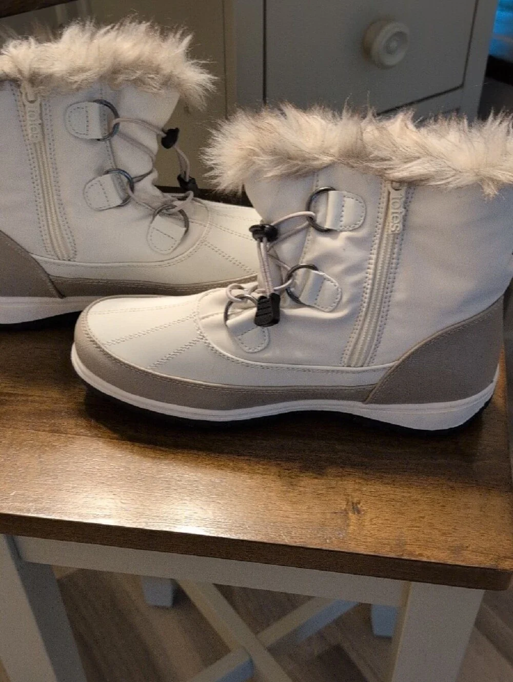 Totes Brand Women's White Faux-Fur Winter Ankle Boots with Gray Accents
